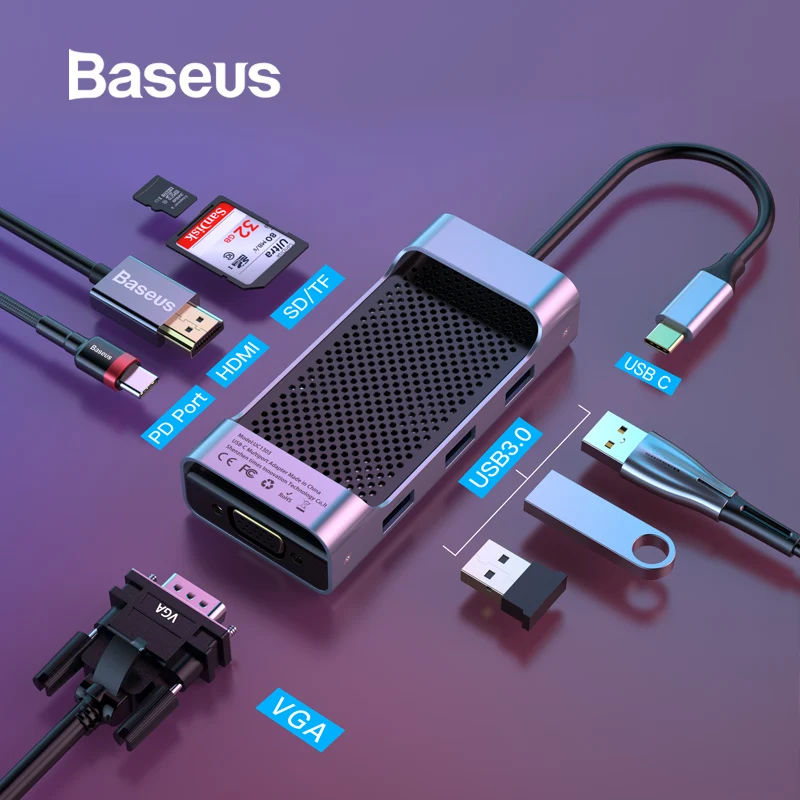 Günstig Baseus USB C HUB zu USB 3.0 HUB HDMI RJ45 VGA USB Splitter für MacBook Pro Air Typ C HUB für Huawei Mate 20 Pro Samsung S9 S10