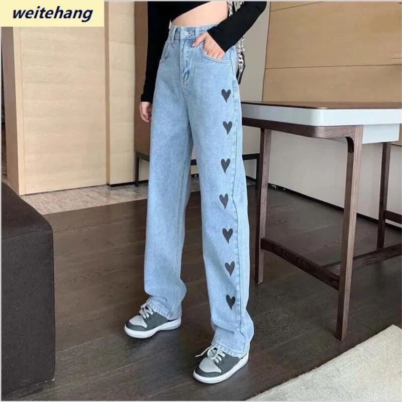 Women Jeans Spring And Autumn New Korean Love Embroidery Casual Straight  Trousers High Waist Slim Jeans Women Loose Jeans 127 - Jeans - AliExpress