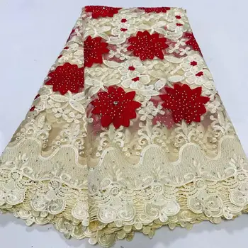 

Beautiful swiss guipure lace beaded stones cord tulle fabric flowers embroidered lace fabric for nigerian bridal wedding dress