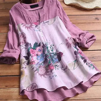 

Summer Women Cotton Linen Floral Print Shirt Top Plus Size 5XL Patchwork Tunic O-neck Long Sleeve Female Blouse Lady Shirts