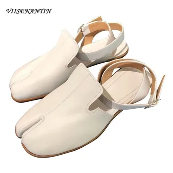 

Multi Color Casual Spring Summer New Genuine Leather Velvet Split-toe Flat Sandals One Word Belt Buckle White Roman Shoes Women