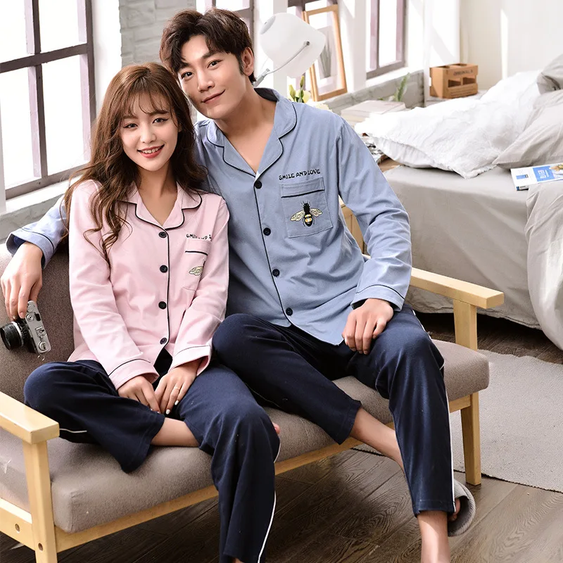 Высококачественные хлопковые Пижамные комплекты для пар Одежда с длинными