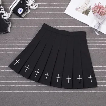 

Cross Embroidery Pleated Women Skirt Preppy A Line Mini Female Skirt Bottom Loose Summer Lady Skirts Bottoms