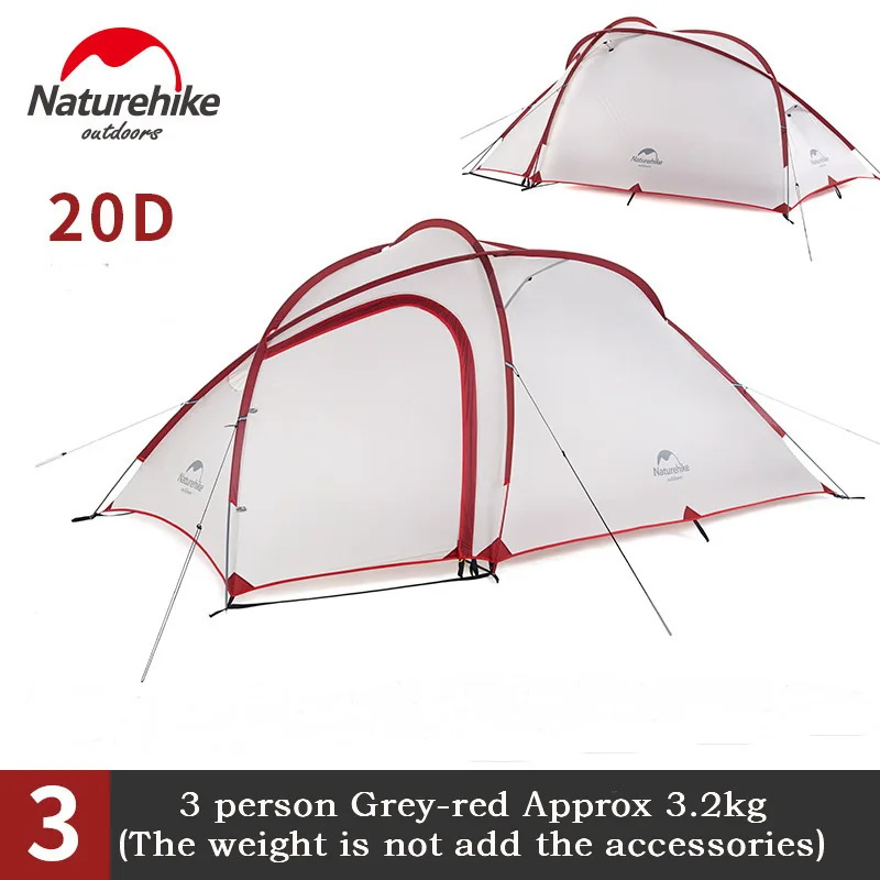 20D 3P grey-red Naturehike Hiby 3 4 человека 20D 40 dнейлон водонепроницаемый палатка двухсторонняя дверь открытый одна комната и один зал Открытый палатки pu3000мм - Цвет: 20D 3P grey-red