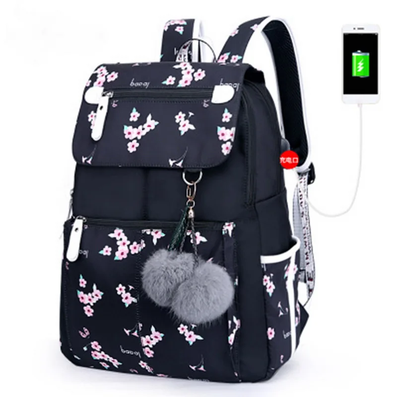 

Girl Floral Waterproof Large Capacity Laptop Backpacks Mixed Color Schoolbags For Students Women bags With Fur ball