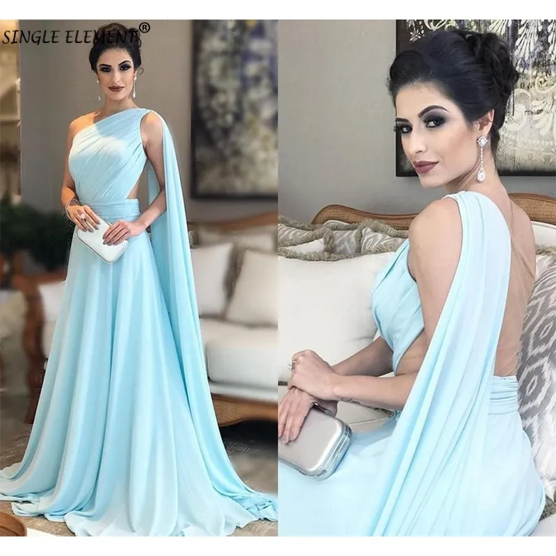 

SINGLE ELEMENT One Shoulder Blue Evening Dress Chiffon Formal Evening Dresses for Women