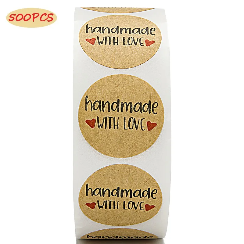 

Circular Gold Foil Handmade With Love Sticker Label Natural Kraft Paper Adult Birthday Party Decoration Gift Boxe Sticker 500Pcs