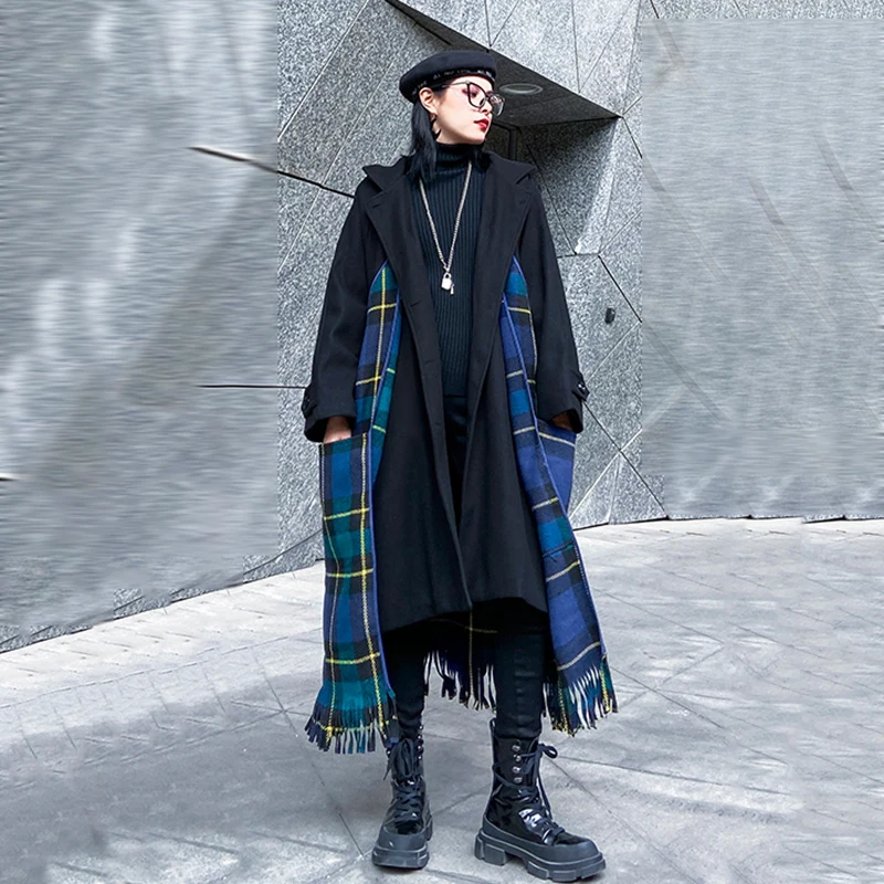 [EAM] свободное черное шерстяное пальто в клетку с кисточками большого размера, парки, новинка, длинный рукав, Женская мода осень-зима 19A-a395
