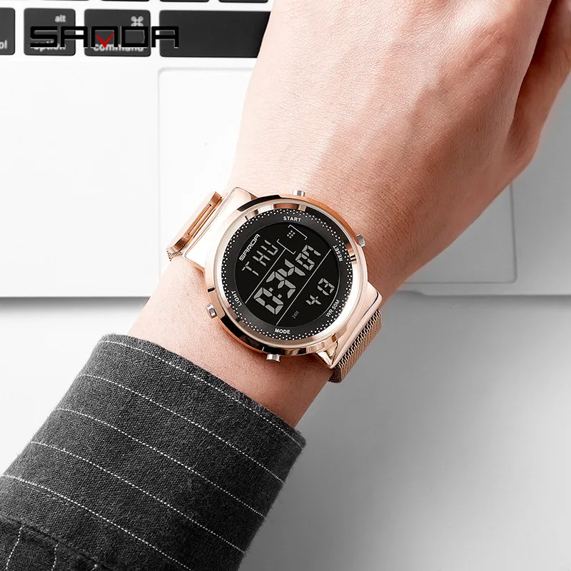 BEST QUALITY  SANDA New Style Fashion Stainless Steel Net Waterproof Quartz Watch Sports Electronic Digital Coupl