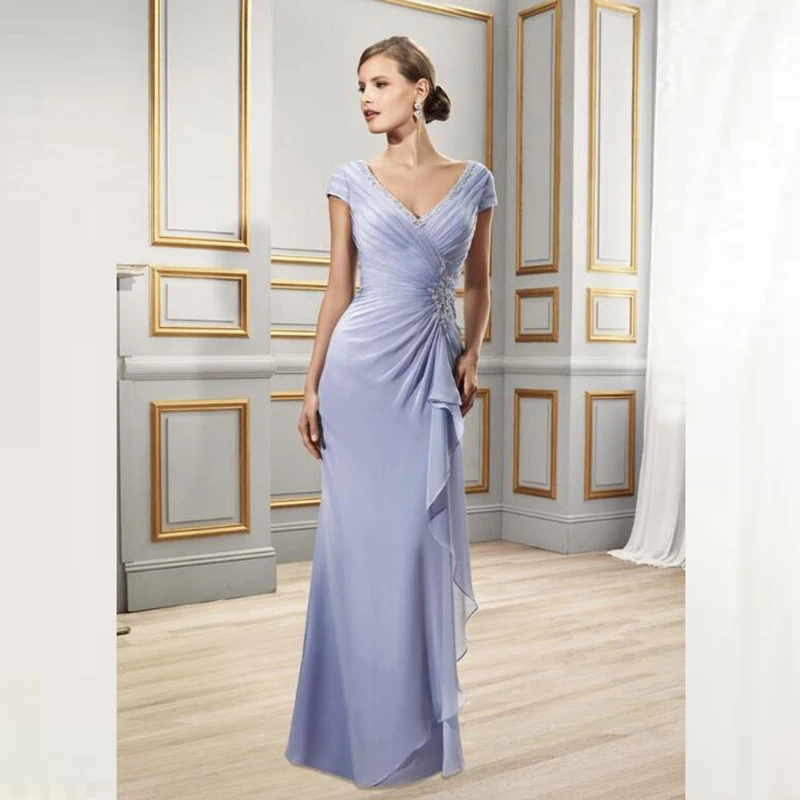 Periwinkle Charming Chiffon Mother of the Bride Dresses Cap Sleeves V Neck Wedding Party Gowns Back Out Beaded