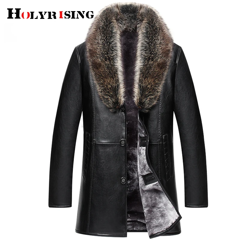 Holyrising, мужское кожаное пальто с натуральным животным меховым воротником, пальто из искусственной кожи, теплое утепленное Мужское пальто с мехом 19001-5