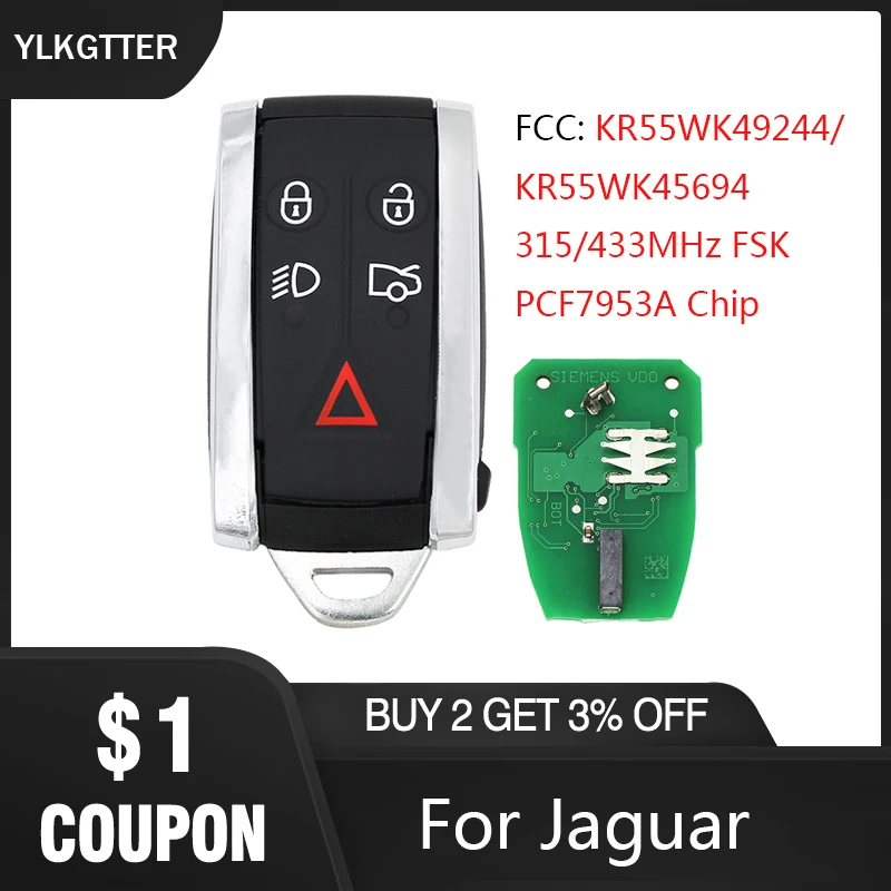 YLKGTTER 315/433 МГц FSK дистанционный ключ для умного автомобиля для Jaguar XF XJ8 XK8 XKR XK с чипом PCF7953A FCC: KR55WK49244 и нерезанным лезвием