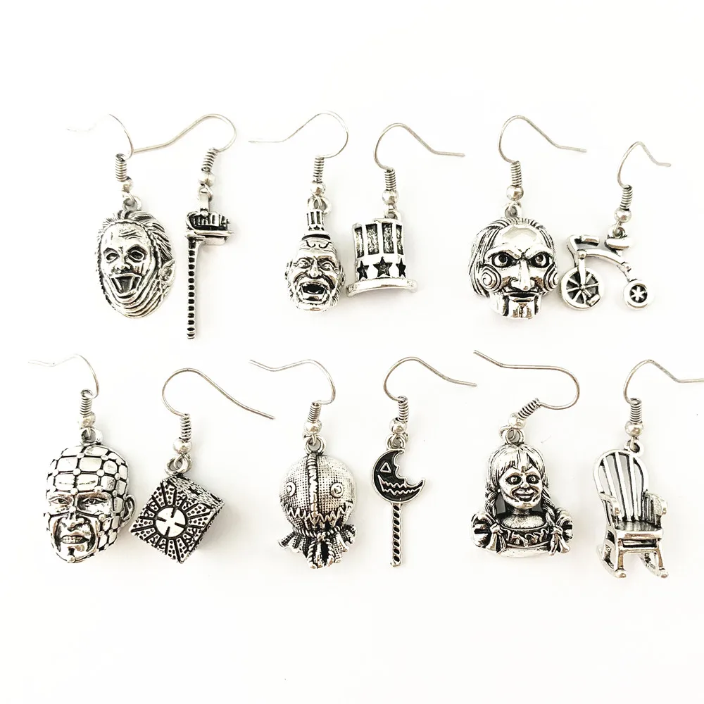 

20pair a lot Annabelle Conjuring Captain Spaulding Hellraiser Leatherface Sam Doll Trick or Treat Saw Horror Earrings XXGKHR01