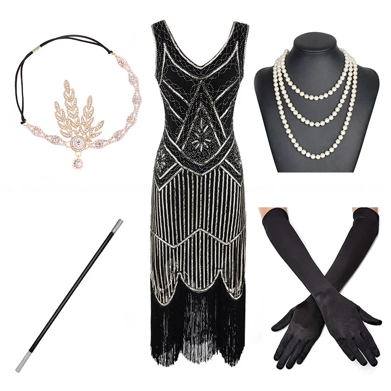 black-gold-set 1920s размера плюс Гэтсби блесток бахромой платье Пейсли Арт Деко Хлопушка рукав платье с 20s аксессуары набор xs, s, l, m, xl, xxl - Цвет: black-gold-set