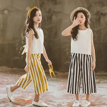 

2020 Summer Children Sets Casual Sleeveless White Solid Tops Striped Wide Leg Pants Skirt 2Pcs Girls Clothes Sets 3-12T
