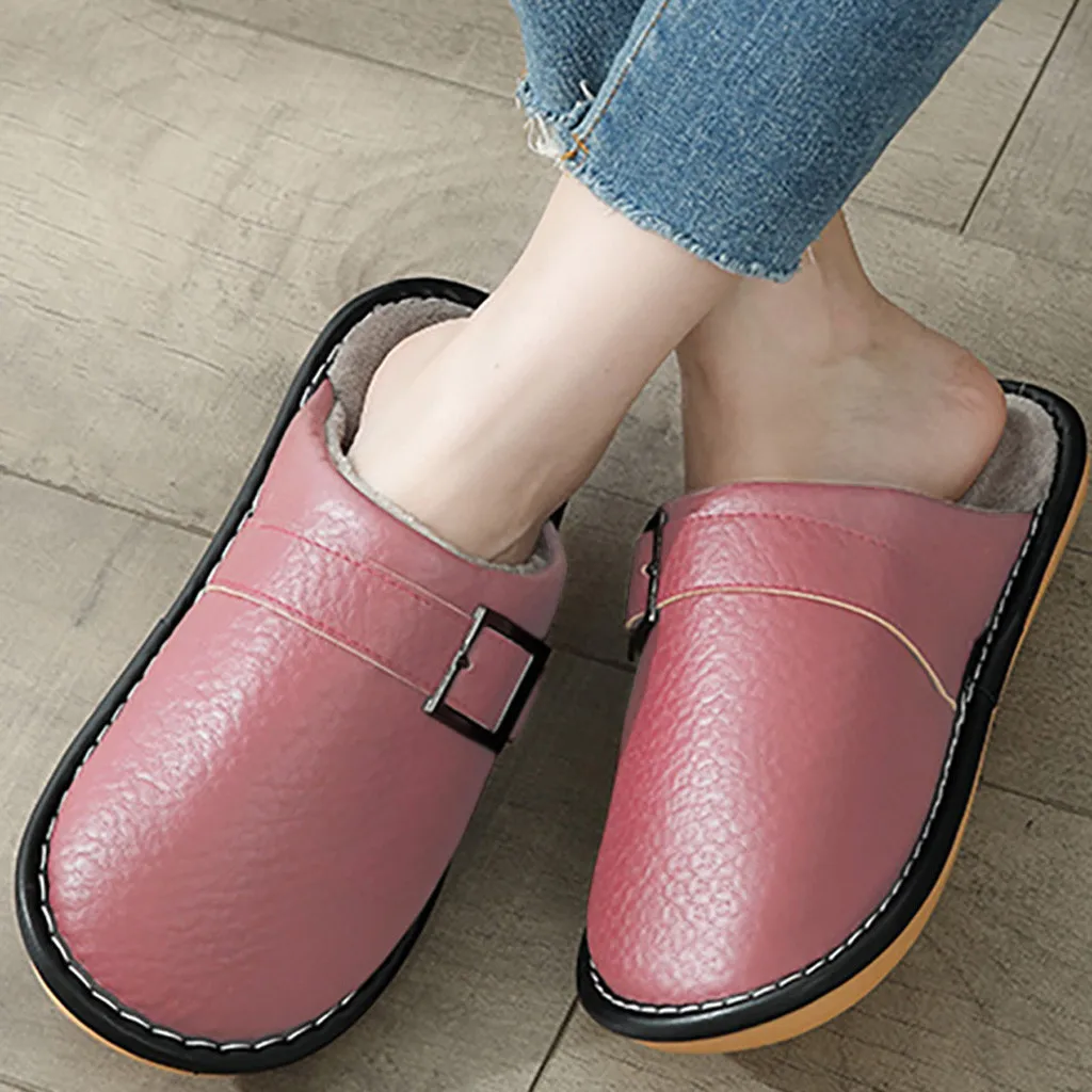 

Fashion Unisex Slippers Indoor Leather Winter Waterproof Warm Home Fur Lady Slippers Couples Solid Large Size Cotton Slipper 30