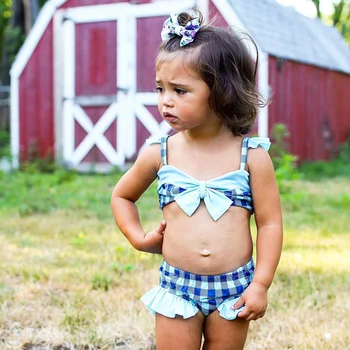 

Baby Girl Swimwear Two-Piece Bow Shape Plaid Print Bikini Set Summer Swimsuit Beachwear