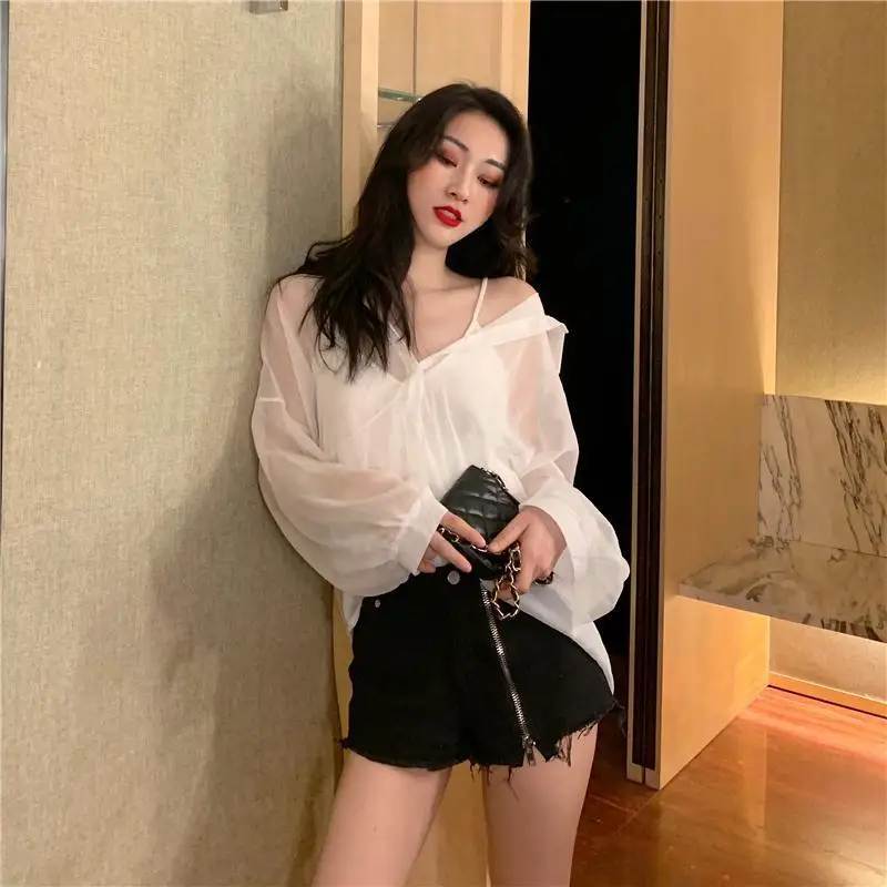 블라우스 여성 여성 의류 여름 섹시한 시폰 원근법 셔츠 코트 여성 Blusas Ropa De Mujer