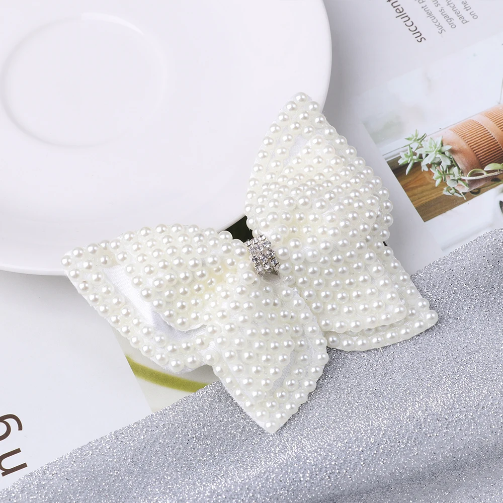 Sweet White Pearl Hair Bows With Hair Clips For Baby Girls Kids Layers Bling Rhinestones Center Bows Hairpins Hair Accessories cute baby accessories