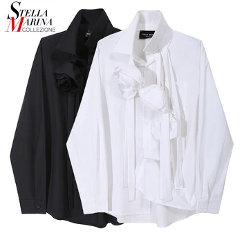 

New Women Long Sleeve Solid Black White 2020 Autumn Blouses With Tapes Flowers Appliques Ladies Casual Shirt chemise femme 6713