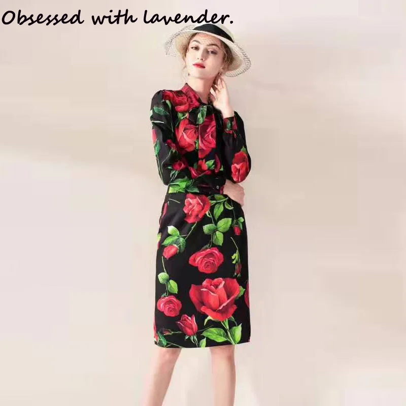 

Obsessed with lavender.Spring and Autumn Elegant Dress Women's Peter Pan Collar Button Strip Rose Print Dress