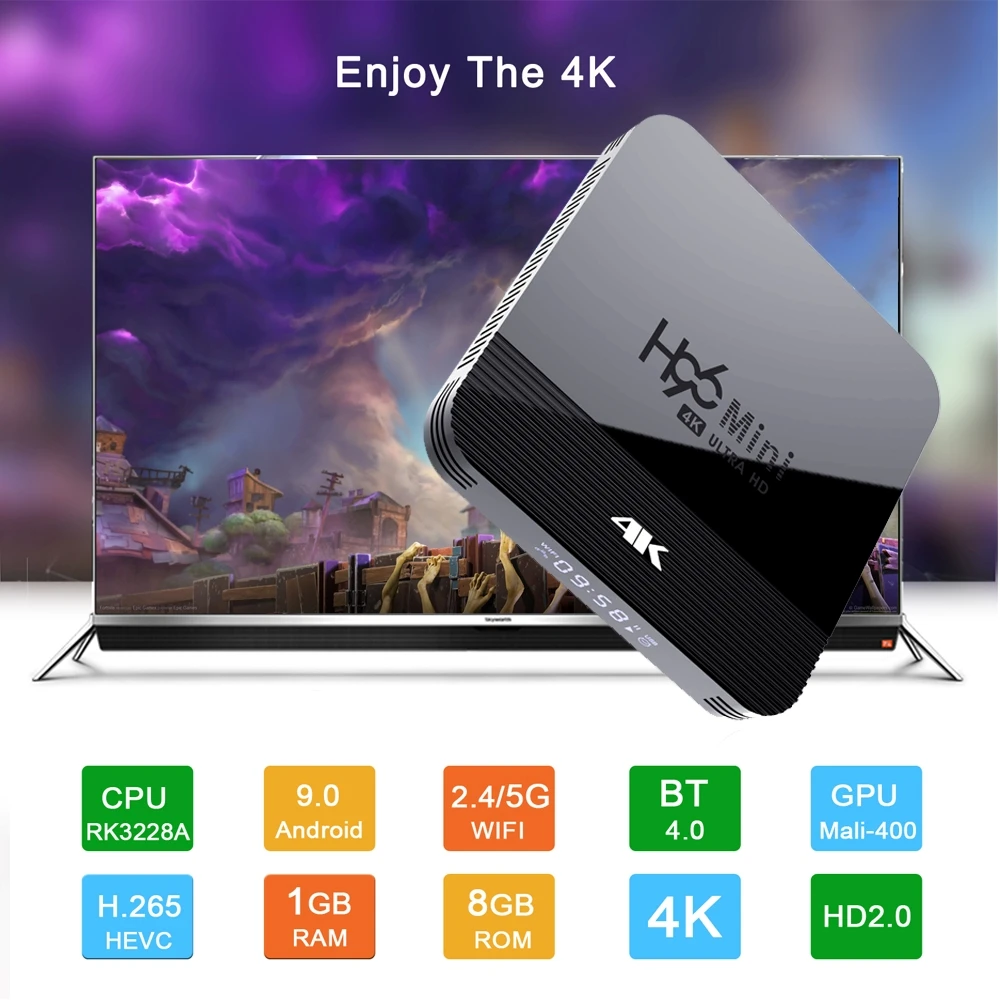 

Set top box H96 mini h8 Home Audio Media ARM Mali-400 GPU Media Playe Google Voice Assistant Play Store Netflix Youtube Bluetoot