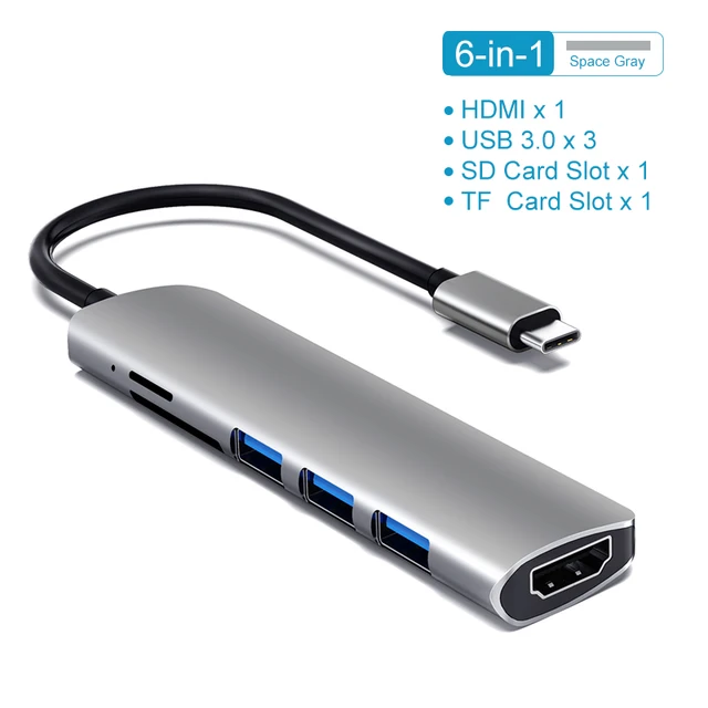 USB 3.1 Type-C Hub To HDMI Adapter 4K Thunderbolt 3 USB C Hub with Hub 3.0 TF SD Reader Slot PD for MacBook Pro/Air/Huawei Mate 6 in 1 HDMI- Gray