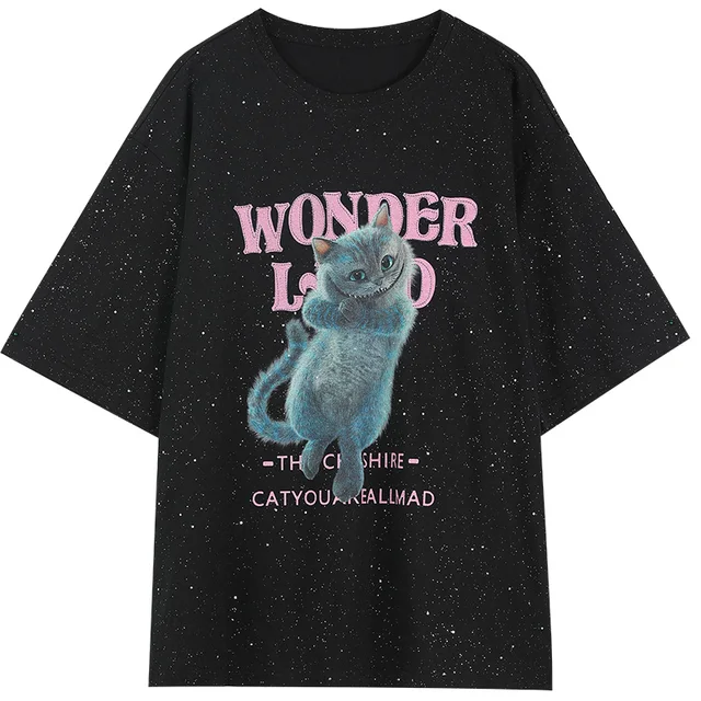 ELFSACK Harajuku Cat Print Casual T-Shirts Women,2021 Spring ELF Vintage Short Sleeve Female Basic Daily Graphic Tops black