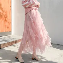 5 цветов, Женская юбка из тюля корейского размера плюс, высокая талия, плиссированная Милая длинная юбка макси, Весенняя женская повседневная сетчатая юбка