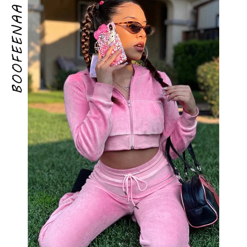 BOOFEENAA Y2k Velvet Sweatsuits Womens Outfits 2 Piece Sets Cropped