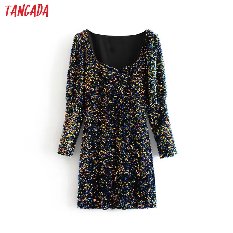 Tangada, женское сексуальное тонкое мини-платье с блестками, блестящее, длинный рукав,, женское Новогоднее платье для вечеринки, vestidos 3H173