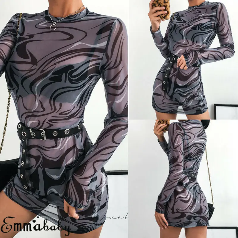 Women Sexy Transparent Mesh Sheer Dress Ladies Long Sleeves Slim Mini Dress Clubwear Printed See-through Women Dresses