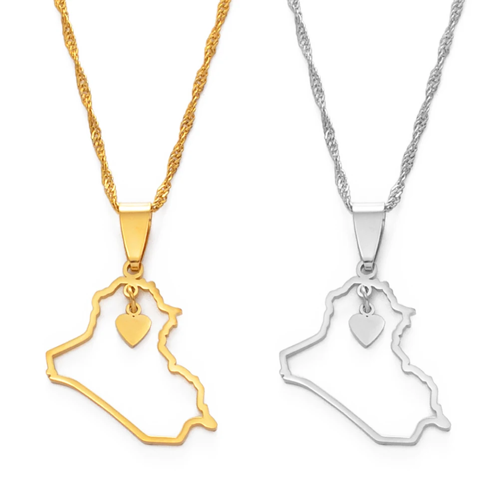 Anniyo Heart Iraq Map Pendant Necklace Silver Color/Gold Color Jewelry Of Necklaces #160521 | Украшения и аксессуары
