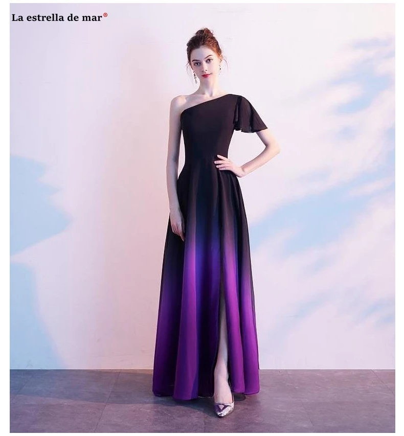 Большие размеры, Vestido madrinha, новинка, одно плечо, рукав А-силуэт, шифон, градиент, черный, фиолетовый, красный, длинные платья подружек невесты sukien
