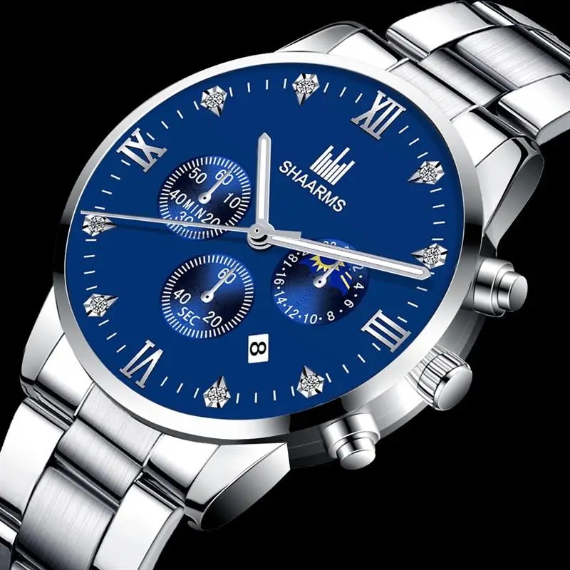 Shaarms Mens Watches Luxury Alloy Case Roman Numeral Display Date Dial Quartz Wristwatch Casual Business Watch Man Clock