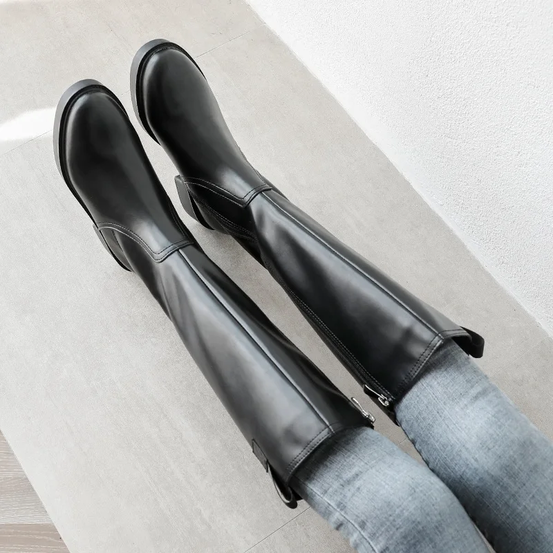 

KW-1 Hose qiu dong xue Women's 2019 Knight New Style Superfine Fibre Side Zipper Chunky-Heel round-Toe Knee