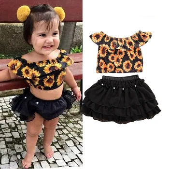 

Kids Baby Girls Off Shoulder Floral Pattern Tops Princess Tutu Lace Skirt cotton summer casual Outfits Set