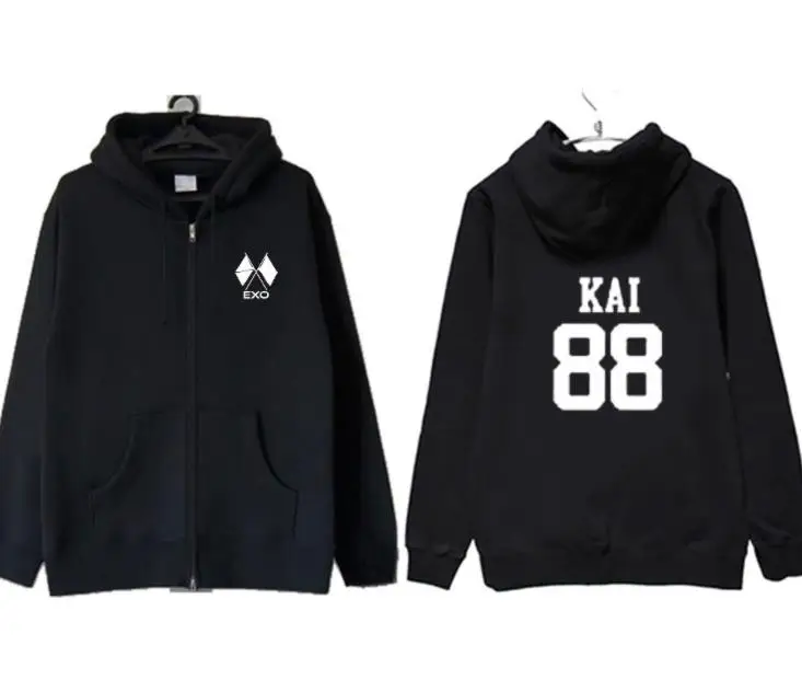Kpop exo obsession альбом же имя члена печать черная молния толстовка унисекс флис Свободная Толстовка