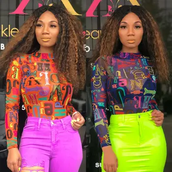 

Sexy Women See-through Sheer Transparent Letter Print High Neck Long Sleeve Romper Jumpsuit Bodysuit Stretch Leotard Top