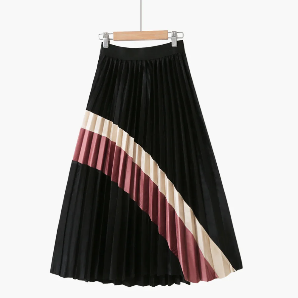 New Autumn Winter Vintage Velvet Panelled Pleated Skirt Women Fashion Patchwork Slim High Waist Skirts Work Wear Skirt M743