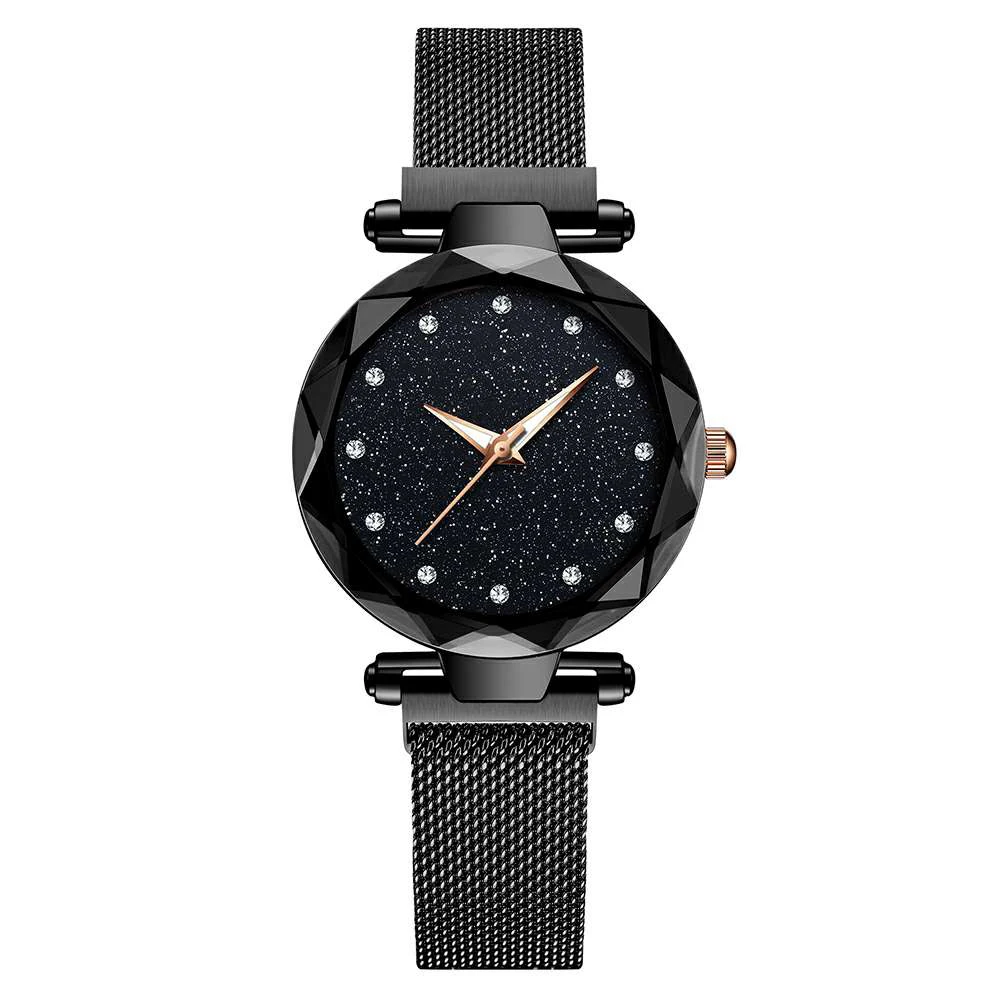 Звездное небо, женские часы, reloj mujer, розовое золото, магнитные кварцевые наручные часы для женщин, бриллиантовые женские часы, relogio feminino - Цвет: Black