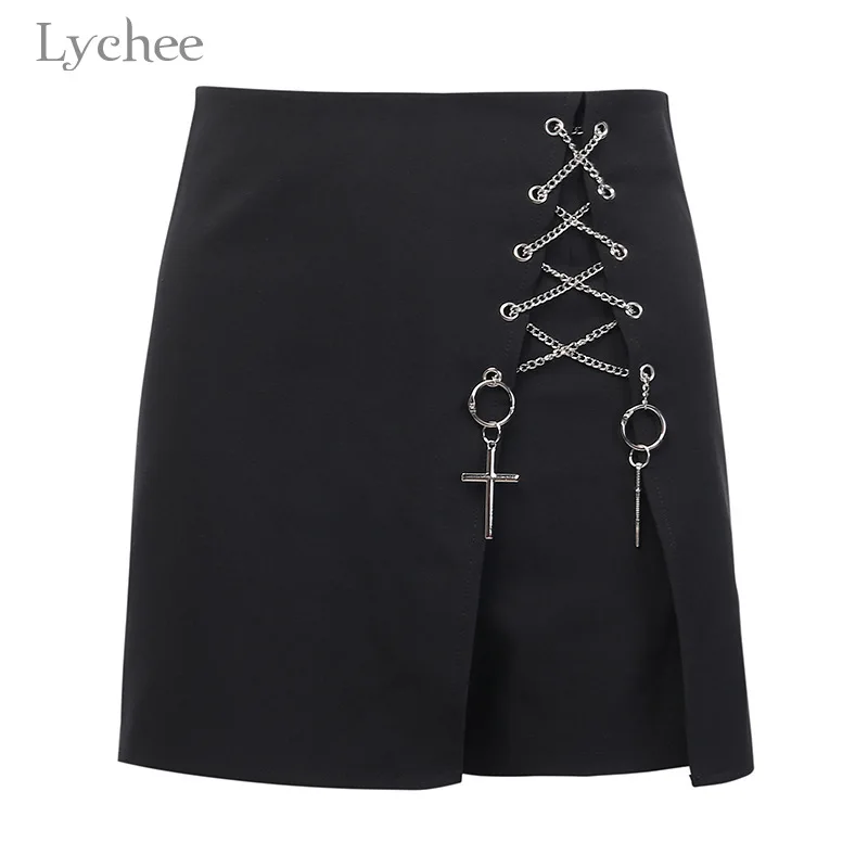 Lychee Harajuku с перекрестной цепочкой, однотонная Черная Женская юбка выше колена, асимметричная Женская юбка с разрезом, летняя женская юбка с высокой талией