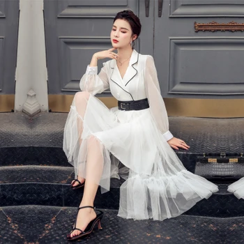

2020 Autumn Fashion Professional White Blazer Long Dress Sashes Notched Preppy Style Vestidos Elegantes Midi Ladies Lace Dresses