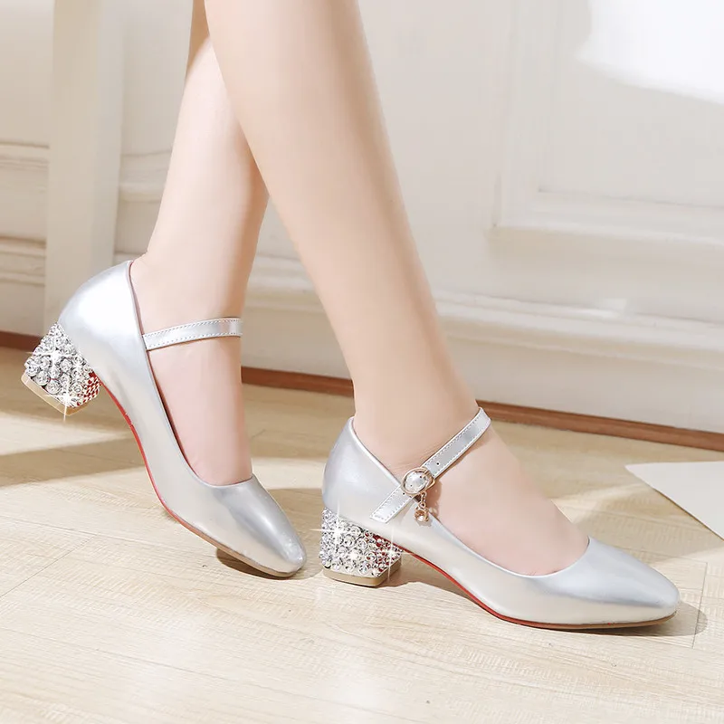 

Spring Pu Patent Leather Mary Jane Gold Silver Medium Block Heel Woman Shoes Party Wedding Crystal Heels Pumps Plus Size
