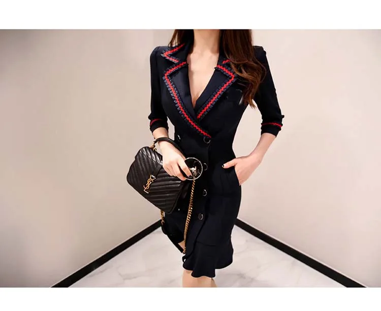 Новые Подиумные осенние треугольные шеи двубортные костюмы платье женское Русалка облегающее рабочая одежда Платья Vestidos robe
