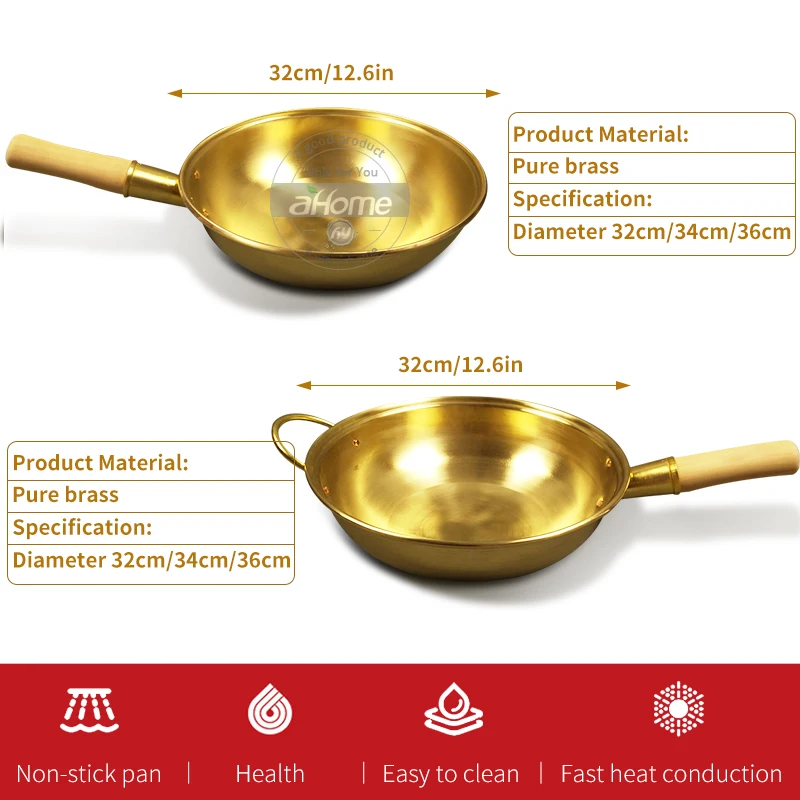 Fypo 100% Pure Copper Wok Pan Copper Pot Thickened Wooden Handle Frying Pan Brass Frying Pan Cookware Cooking Wok Copper Cooker - Image 3
