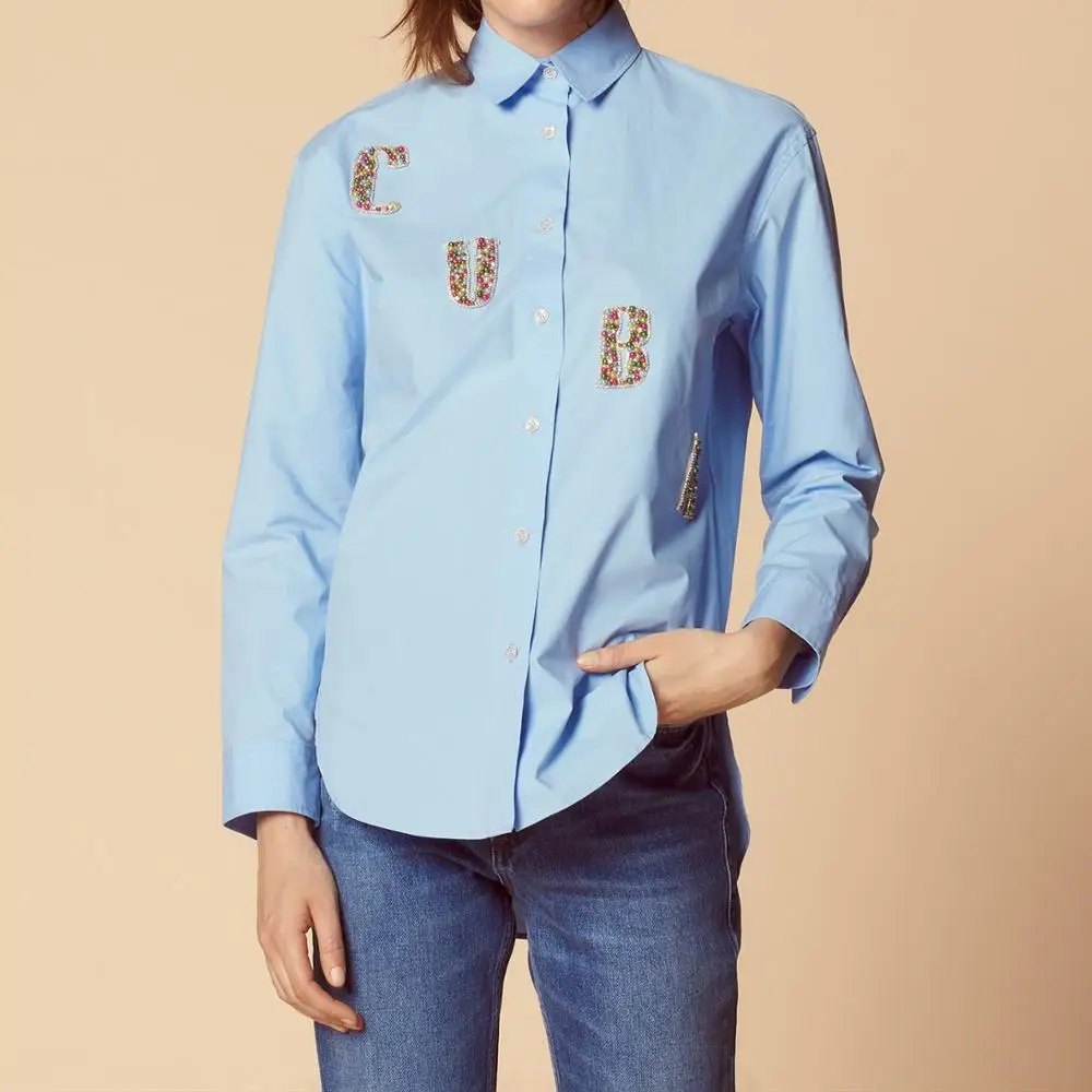 

New Women shirt letters gemstone beaded decoration long-sleeved ladies blouses and tops for Spring and summer