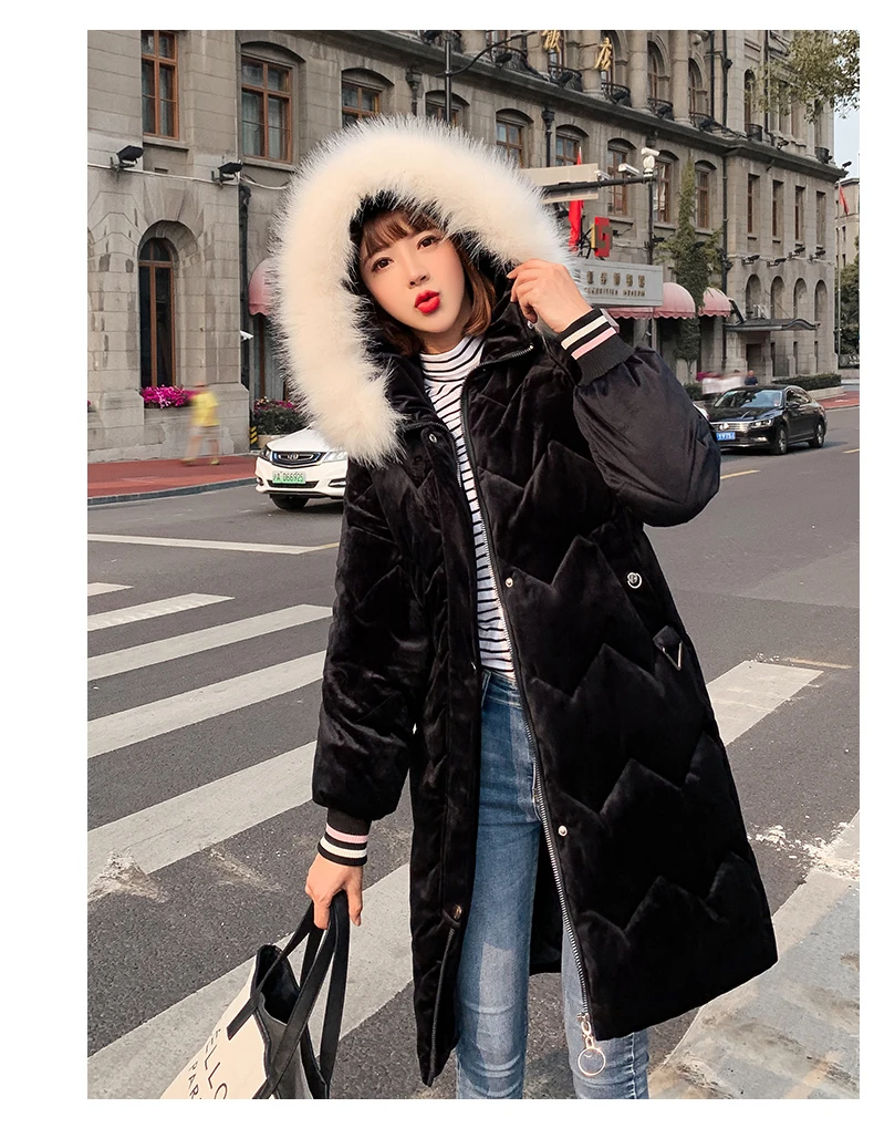Шикарное бархатное меховое пальто с капюшоном зимнее пуховое пальто теплая куртка плюс размер длинный тонкий женский ватный ватник женская куртка на меху