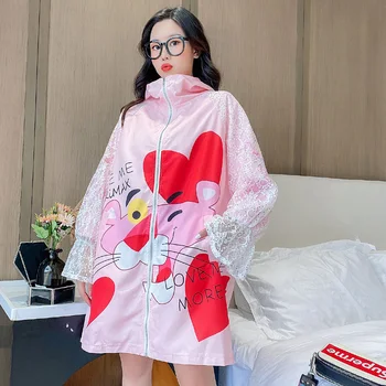 

spring summer new sun protection clothing lady style ultra-thin breathable cartoon top quick-drying slim female mid-length coat