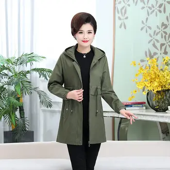 

5XL Middle-aged Women's Spring Coat Mid-length Lace-up Waist Large Size Mother Fitted Casual Cotton Hooded Windbreaker f2814